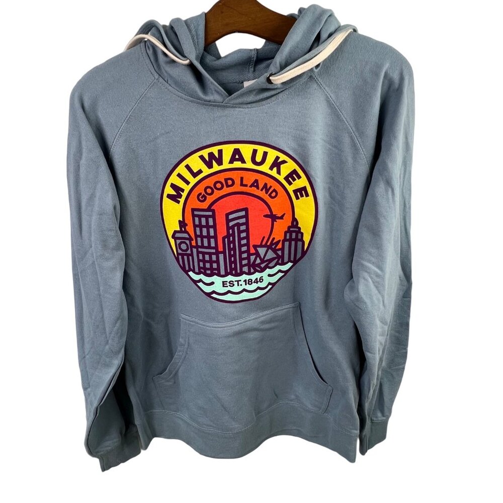 Milwaukee Good Land Pullover Hoodie Size Medium Blue Long Sleeve Cotton Blend